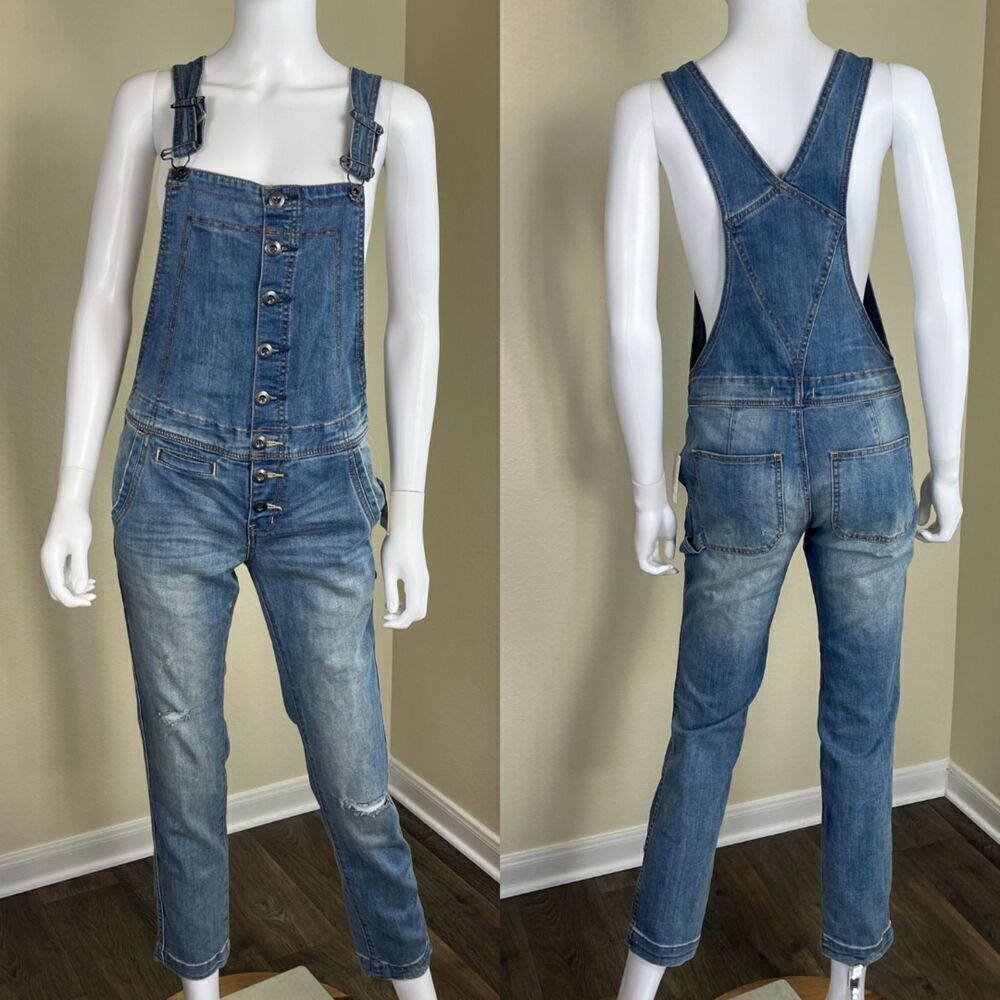 Free People Women's Size 25 Cotton Denim Button Front Bib NEW Overall Jeans Boho